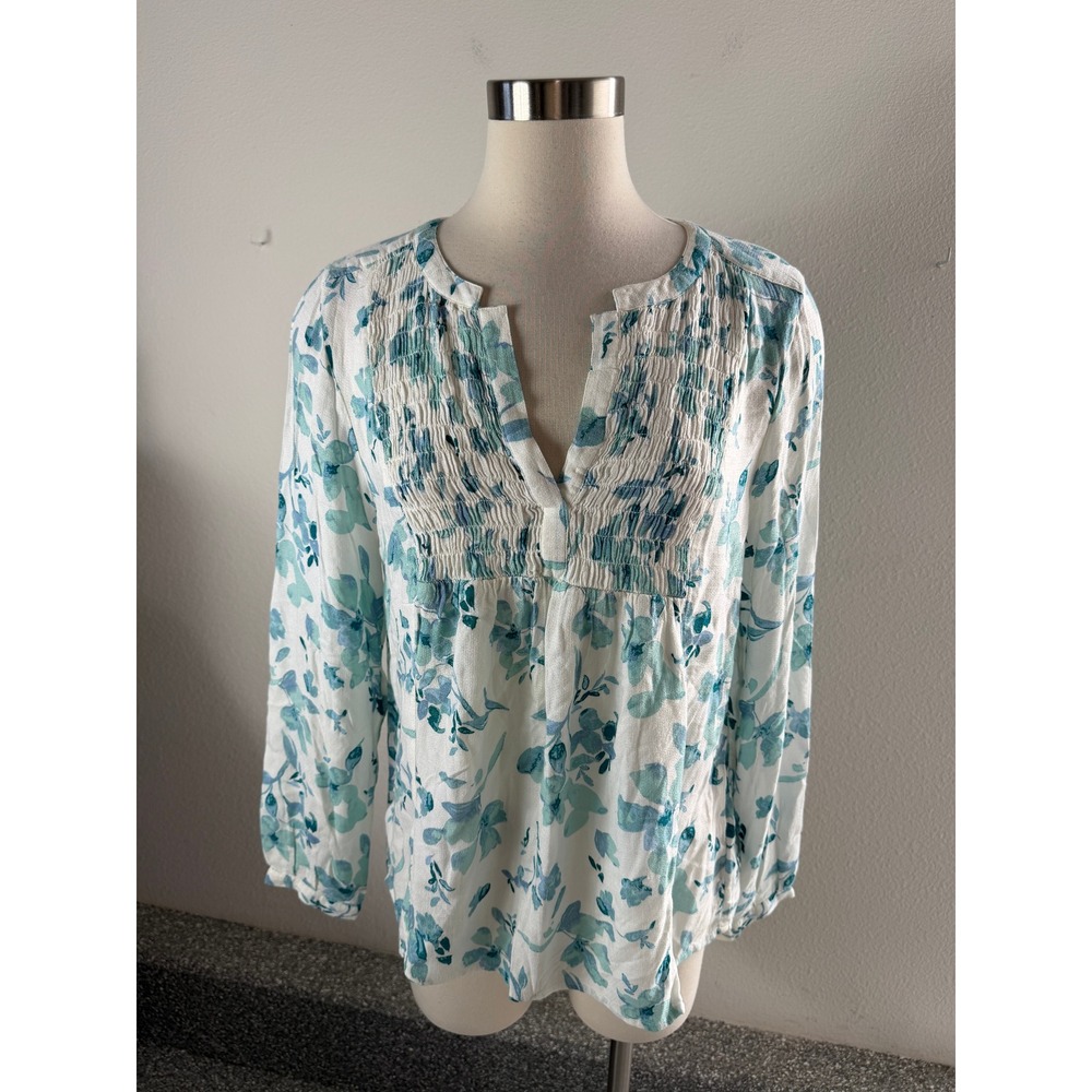 Lucky Brand Womens Medium Blue Floral Shirt Blouse Long Sleeve Green White Top